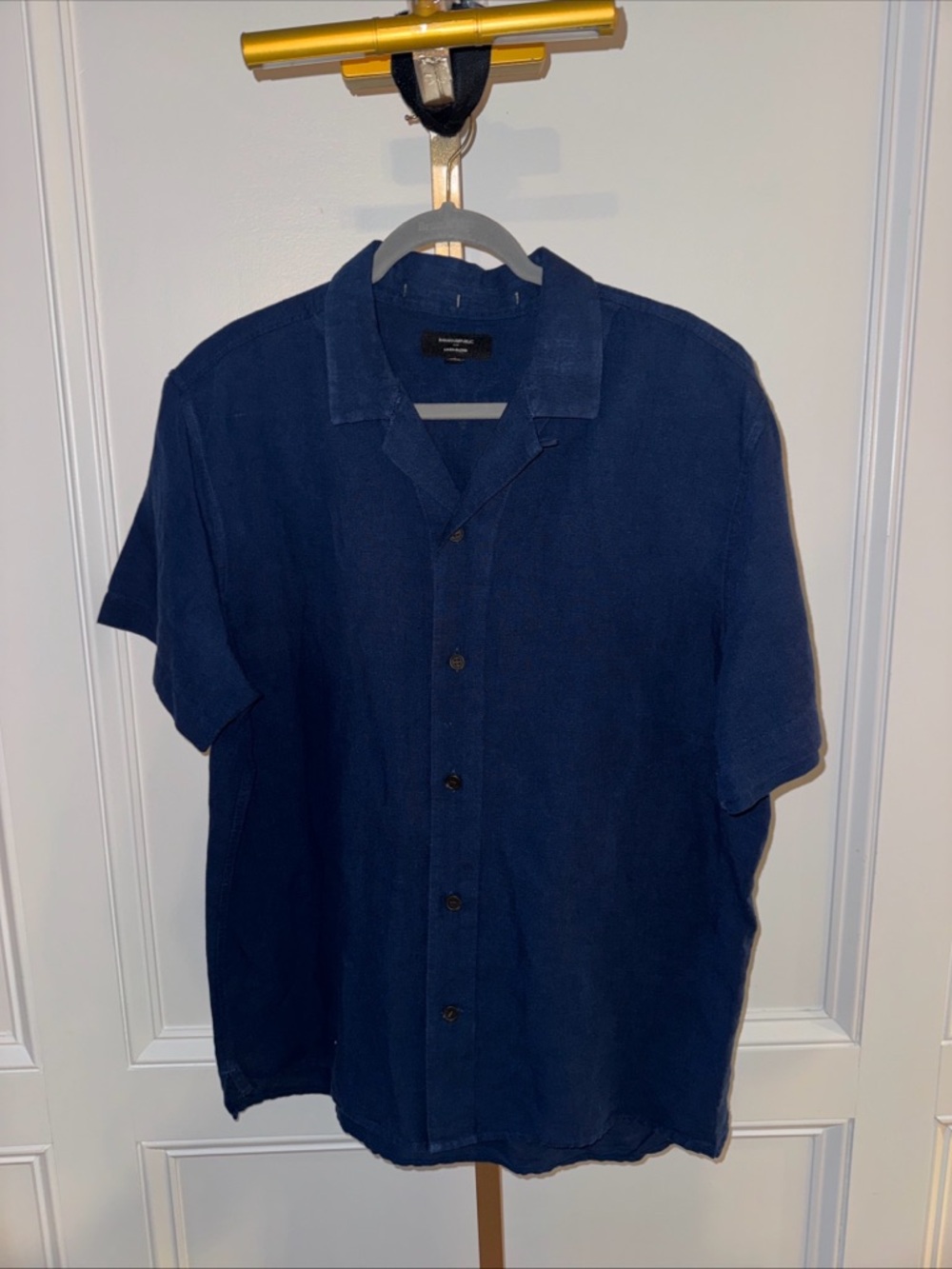 Banana Republic Men’s Slim Short Sleeve Navy Blue Linen Blend Shirt Size Lg
